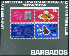 Barbados 415a Sheet,MNH.Michel Bl.5. UPU-100,1974.Globe,Sailing Ship,Jet. - Barbados (1966-...)