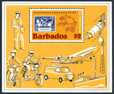 Barbados 631, MNH. Michel Bl.18. UPU-110, 1984. Bicycle, Airplane, Space. - Barbades (1966-...)