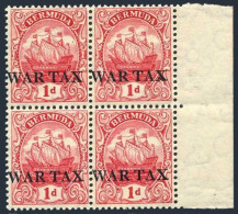 Bermuda MR1 Block Of 4,MNH.Michel 49. War Tax Stamp 1918.Caravel. - Bermudes