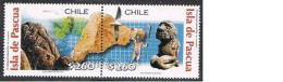 Chile 1361 Pair-label, MNH. Easter Island 2001. Bird, Artifact, Map.  - Chile