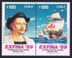 Chile 820-821a Pair, MNH. Michel 1285-1286. EXFINA-1989. Galleons, Columbus-500. - Chile