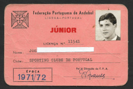 Portugal Carte Jouer Handball Junior SCP Sporting Clube De Portugal 1971 Official ID Card Handball Player - Handball