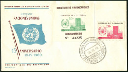 Colombia 724,725, FDC. Mi 953,954 Bl.21. United Nations, 15, 1960. Headquarters. - Colombie