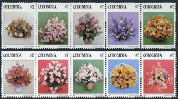 Colombia 900 Aj Two Strips/5,MNH.Michel 1579-1588. Floral Bouquet,1982. - Colombia