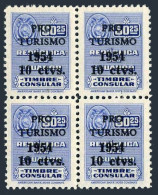 Ecuador RA67 Bl/4, MNH. Postal Tax Stamp 1954. Revenue  Overprinted PRO TURISMO. - Ecuador
