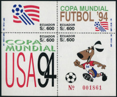 Ecuador 1343 Ad Block,MNH.Mi 2268-2271 Bl.149. World Soccer Cup USA-1994.Mascot. - Ecuador