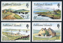 Falkland 310-313, Damaged Gum. Stanley, Ports Egmont, Louis. Mission House. - Falkland