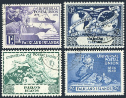 Falkland 103-106, Used. Mi 98-101. UPU-75,1949. Mercury,Plane,Ship,Tran,Monument - Falklandinseln
