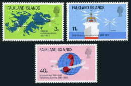 Falkland 257-259, MNH. Mi 252-254. Telecommunications 1977. Map,Ship, Telephone. - Falklandinseln