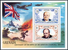Grenada 573 Sheet, MNH. Michel Bl.37. Sir Winston Churchill, 1974. WW II Scenes. - Grenade (1974-...)