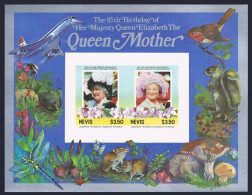 Nevis 432-433 Imperf, MNH. Michel Bl.6B-7B. Queen Mother, 85th Birthday. Fauna. - St.Kitts And Nevis ( 1983-...)