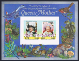 Nevis 432-433 Imperf, MNH. Michel Bl.6B-7B. Queen Mother, 85th Birthday. Fauna. - St.Kitts Und Nevis ( 1983-...)