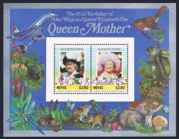Nevis 432-433, MNH. Michel Bl.6-7. Queen Mother Elizabeth, 85th Birthday. Fauna. - St.Kitts-et-Nevis ( 1983-...)