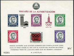 Nicaragua C971W Mi 2147 Bl.126,MNH. Olympics-Moscow-1980. Literacy Year,Lincoln. - Nicaragua