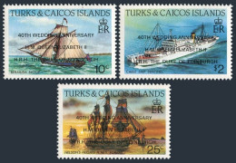 Turks & Caicos 744-746,MNH.Mi 811-813. Ships Overprinted,1988,QE II 40th Wedding - Turks- En Caicoseilanden