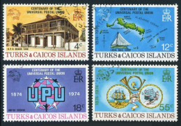 Turks & Caicos 293-296, CTO. Mi 335-338. UPU-100, 1974. Map, Sailing Ships,Horn. - Turcas Y Caicos