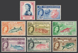 Turks & Caicos 121-128, MNH. Mi 163-170. QE II, 1957. Fish, Lobster, Conch,boat. - Turks & Caicos