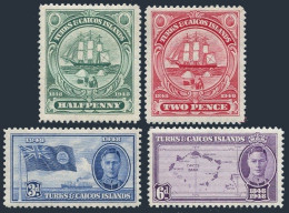 Turks & Caicos 94-97 Short Set, MNH. Mi 136-139. George VI. Badge-ship,Map.Flag - Turks & Caicos