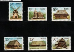 POLAND 1986 WOODEN BUILDINGS NHM Churches Houses Windmills Thatched Roofs - Churches & Cathedrals