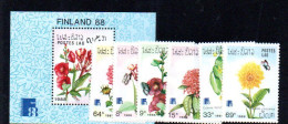 LAOS -  1988 - FINLANDIA EXPO / FLOWERS SET OF 6  +SOUVENIR SHEET MINT NEVER HINGED, - Laos