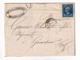 Lettre 1864 Moulins Allier Pic & Clairefond Gérardmer Vosges Timbre Napoléon III Lauré 20 Centimes - 1862 Napoleon III