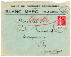 1938  CAD De SALERNES  " BLANC Marc  à VILLECROZE " Usine De Produits Céramiques Envoyée à VOLX 04 - Cartas & Documentos