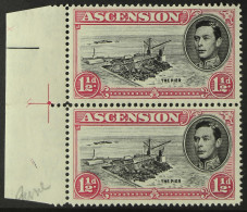 1949 1?d Black And Carmine Perf. 14, Left Marginal Vertical Pair, One With DAVIT FLAW, SG?40ea+e, Never Hinged Mint. Cat - Ascensione
