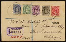 1897 (Jun) Env Registered To San Francisco With Queen 1d, 1?d, 2?d, 5d And 10d Five-colour Franking, Tied By Cook Island - Cookinseln