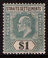 1904-10 $1 Dull Green & Black Ordinary Paper DAMAGED FRAME AND CROWN (Spaven Flaw) Variety, SG 136a, Fine Mint. - Straits Settlements