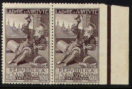 1923 30c Chocolate Mutual Aid Society Horiz Marginal PAIR IMPERF AT RIGHT Variety, Sassone 89a, Mint, Brownish Gum, Fres - Altri & Non Classificati