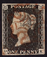 1840 1d Black 'DK' Plate 6, SG 2, Used With 4 Margins & Red MC Cancellation. Cat ?400. - Unclassified