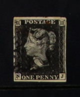 1841 1d Black 'NJ' Plate 8 On Thin Paper, Spec AS49e, Used With 4 Margins And Black Maltese Cross, With Trace Of Red Ink - Unclassified