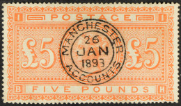 1867-83 ?5 Orange, SG 137, Used With Superb Upright Manchester Accounts Cds Cancel, Near- Invisible Pressed Creasing. Ca - Other & Unclassified