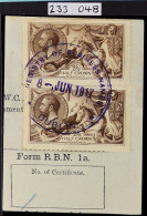 1915 2s6d Brown De La Rue Seahorse Vertical Pair Of This Rare Shade Affixed To Part R.B.N. Document And Cancelled By Vio - Non Classés