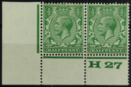 1924-26 ?d Green, SG 418, 'H27' Control Corner Pair, Perf. Type 3A, Fine Mint, The Control Stamp Is Never Hinged. Cat. ? - Non Classés
