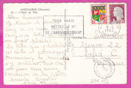 294112 / France - ANGOULEME (Charente) L'Hotel De Ville PC 1962 USED 0.05+25 Fr. Marianne De Decaris Blason D'Oran Flam - Storia Postale
