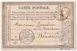 FRANCE - 1876 (16/09) Yv.55 Obl. TàD "VILLENEUVE-SUR-LOT" Sur CP Précurseur Pour NÉRAC (Lot-&-Garonne) - 1849-1876: Klassik