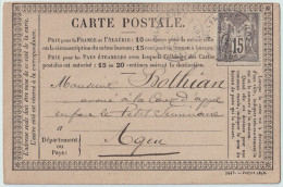 FRANCE - 1876 (19/12) 15c Sage (T.II) Obl. TàD "VILLENEUVE-SUR-LOT" Sur CP Précurseur Pour AGEN (Lot-&-Garonne) - 1849-1876: Classic Period