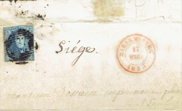 Médaillon N°7 Margé S/LAC Oblit 18 Barres D24  MARIEMBOURG + DC 17 MARS 1853 Vers LIEGE - 1851-1857 Medaglioni (6/8)