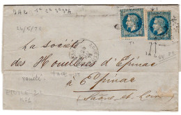 1870  CAD De PARIS Rue Taitbout Sur Etoile T22  Double Affranchissement 20c Envoyée à EPINAL 88 - 1849-1876: Klassieke Periode