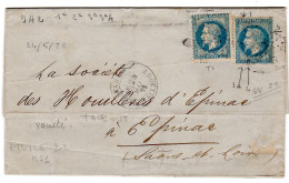 1870  CAD De PARIS Rue Taitbout Sur Etoile T22  Double Affranchissement 20c Envoyée à EPINAL 88 - 1849-1876: Klassik