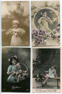 LOT 4 CPA Fantaisies * Fille Fillette Enfant Porte Bonheur Amitiés Bonheur Santé Soldat Sur 1ère Fleurs Pensées Roses - Autres & Non Classés