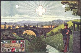 MILITARIA, ILLUSTRATION, SOLDIER, BRIDGE, EMBLEM, HORSE, STATUE, 1914, SWITZERLAND, POSTCARD - Other & Unclassified