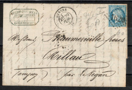 GC 1620 De Ganges Sur Lettre Pour Millau Avec YV 60A De 1872 , Gros Indice - 1849-1876: Classic Period
