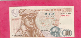 SPECIMEN . CRAMPE NATIONALE DE BELGIQUE . 1.000 FRANCS . " VOTEZ PLP  "   .  2 SCANNES  .  ETAT LUXE . UNC - [ 8] Ficticios & Especimenes