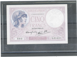 FRANCE -5F FEMME CASQUÉE -MODIFIÉ -24-8-1939- AG SERIE 880  FAYETTE - F.04 /07- ETAT : NEUF - 5 F 1917-1940 ''Violet''