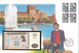 Örményország 1993. 10D Felbélyegzett Borítékban, Bélyegzéssel T:UNC Armenia 1993. 10 Dram In Envelope With Stamp And Can - Ohne Zuordnung