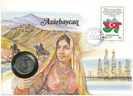 Azerbajdzsán Felbélyegzett Borítékban, Bélyegzéssel, Német Nyelvű Tájékoztatóval, Benne Oroszország 1991. 5R Cu-Ni "Korm - Ohne Zuordnung