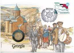 Grúzia Felbélyegzett Borítékban, Bélyegzéssel, Német Nyelvű Tájékoztatóval, Benne Oroszország 1992. 1R Cu-Ni T:AU Patina - Non Classés