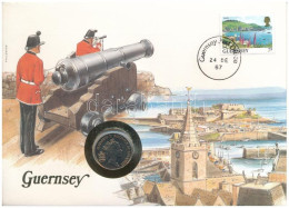 Guernsey 1987. 5p Cu-Ni Felbélyegzett Borítékban, Bélyegzéssel, Német Nyelvű Leírással T:AU Guernsey 1987. 5 Pence Cu-Ni - Non Classés